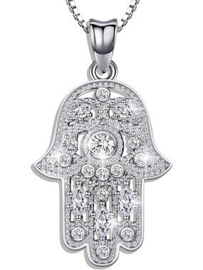 925 Sterling Silver Hamsa Necklace with Evil Eye Pendant & Zirconia Charm